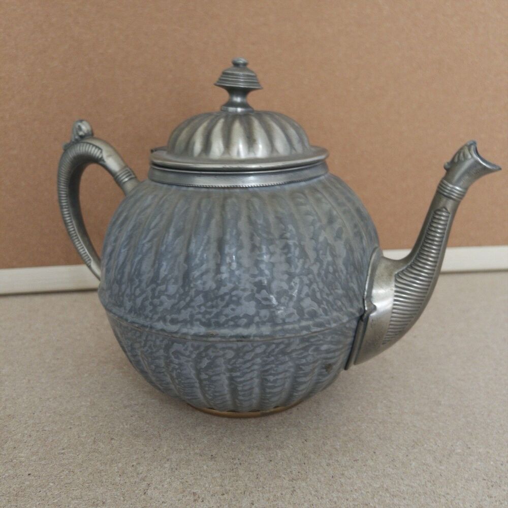Vintage Teapot Mid 1880's Grey Graniteware Ironware Pewter & Brass Enamel Ware